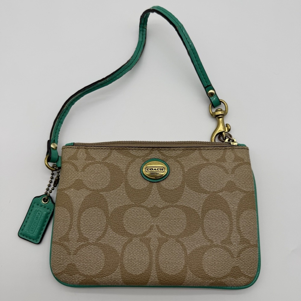 Coach Park Signature Canvas Medium Wristlet in Khaki and Teal/Lagoon Green